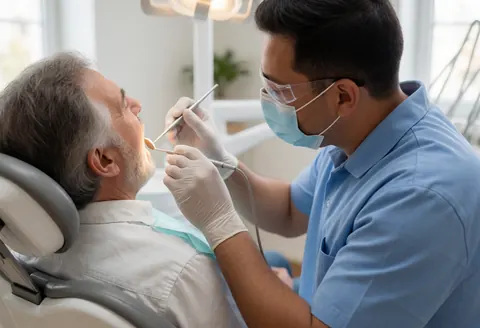 A masked dentist wearing gloves examines an older patient's mouth using dental tools in a modern clinic setting.