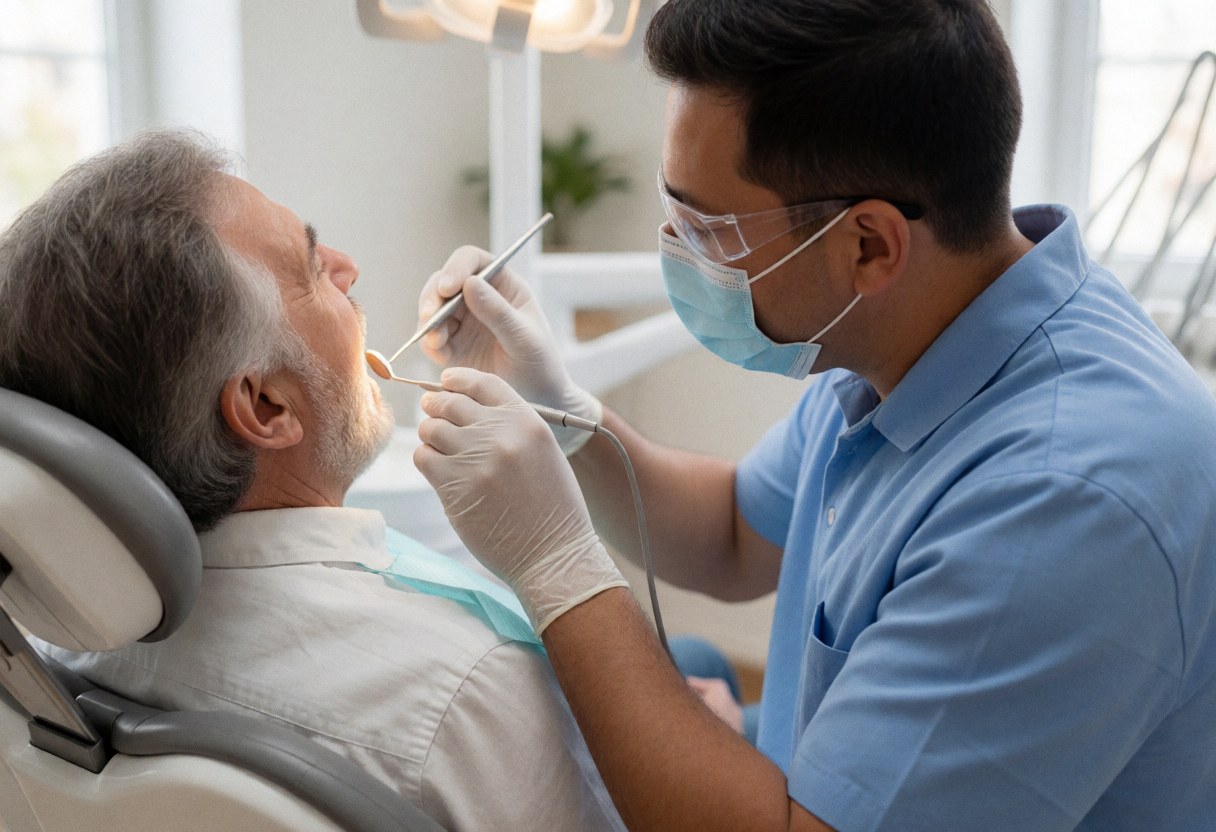 A masked dentist wearing gloves examines an older patient's mouth using dental tools in a modern clinic setting.