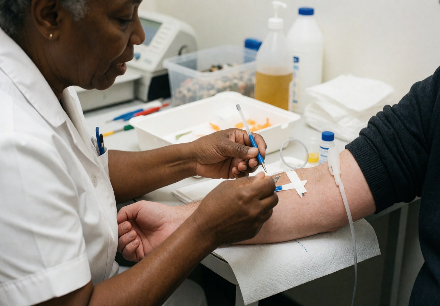 Professional nurse performing a blood draw on a patient in a bright clinical setting with medical instruments visible.