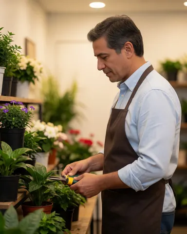 A man wearing an apron cuts a plant with scissors in a florist shop surrounded by potted flowers and green leaves with warm lighting and a blurred background