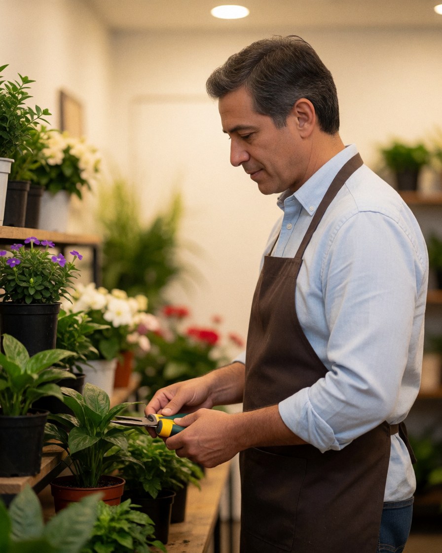 A man wearing an apron cuts a plant with scissors in a florist shop surrounded by potted flowers and green leaves with warm lighting and a blurred background