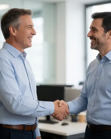 A smiling man in a blue shirt shaking hands with a professional technician in an office setting, conveying trust and satisfaction with IT support services