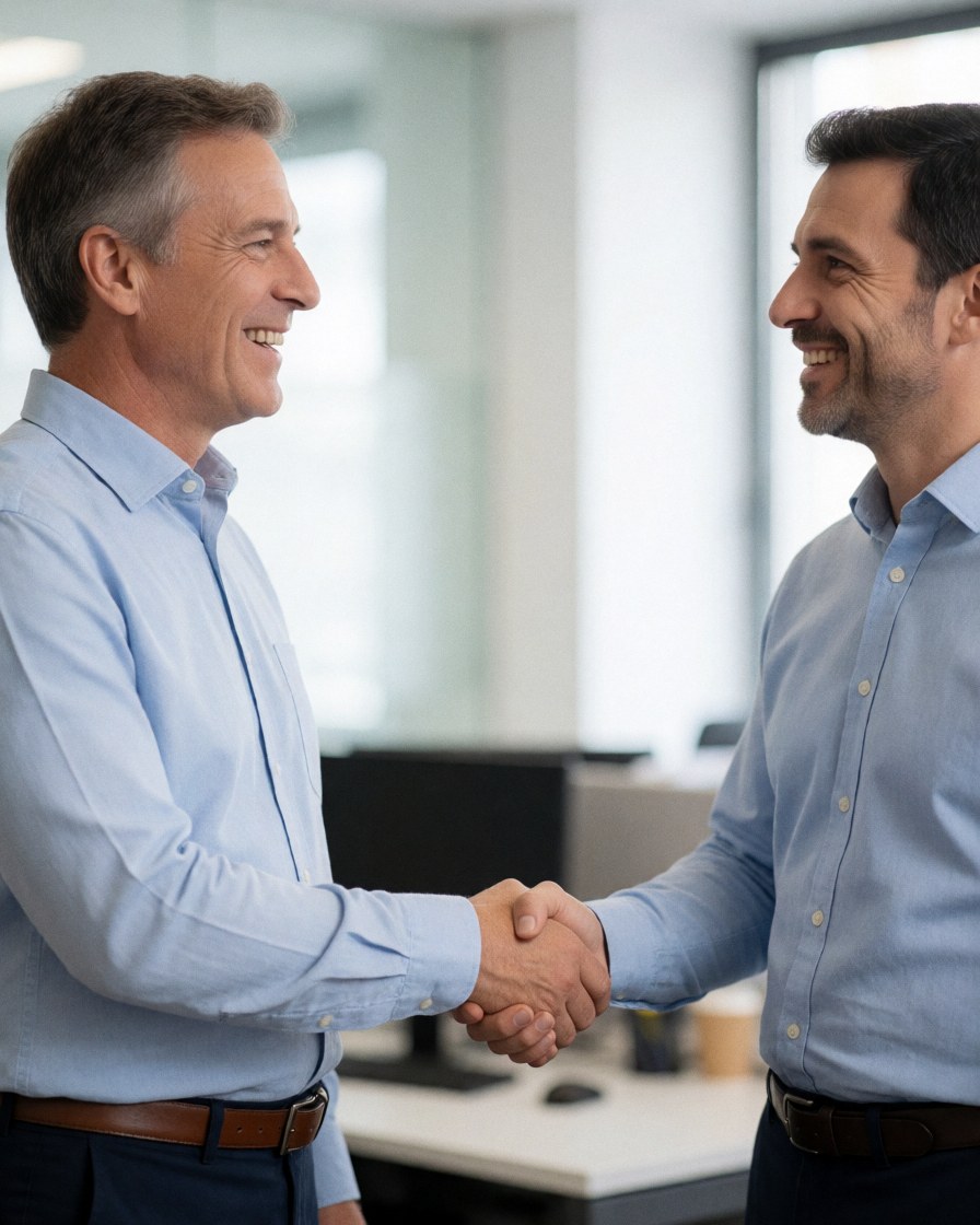 A smiling man in a blue shirt shaking hands with a professional technician in an office setting, conveying trust and satisfaction with IT support services