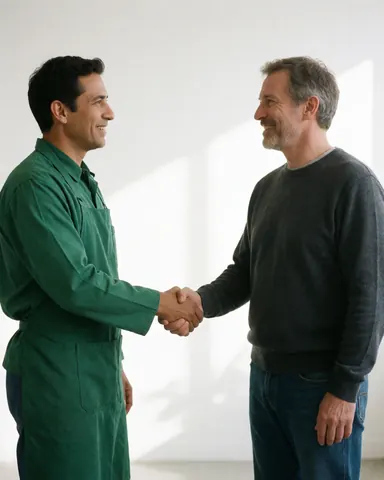 Two men shaking hands in a workshop, one in a green uniform and the other in casual clothes, smiling in a professional and friendly atmosphere.
