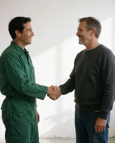 Two men shaking hands in a workshop, one in a green uniform and the other in casual clothes, smiling in a professional and friendly atmosphere.