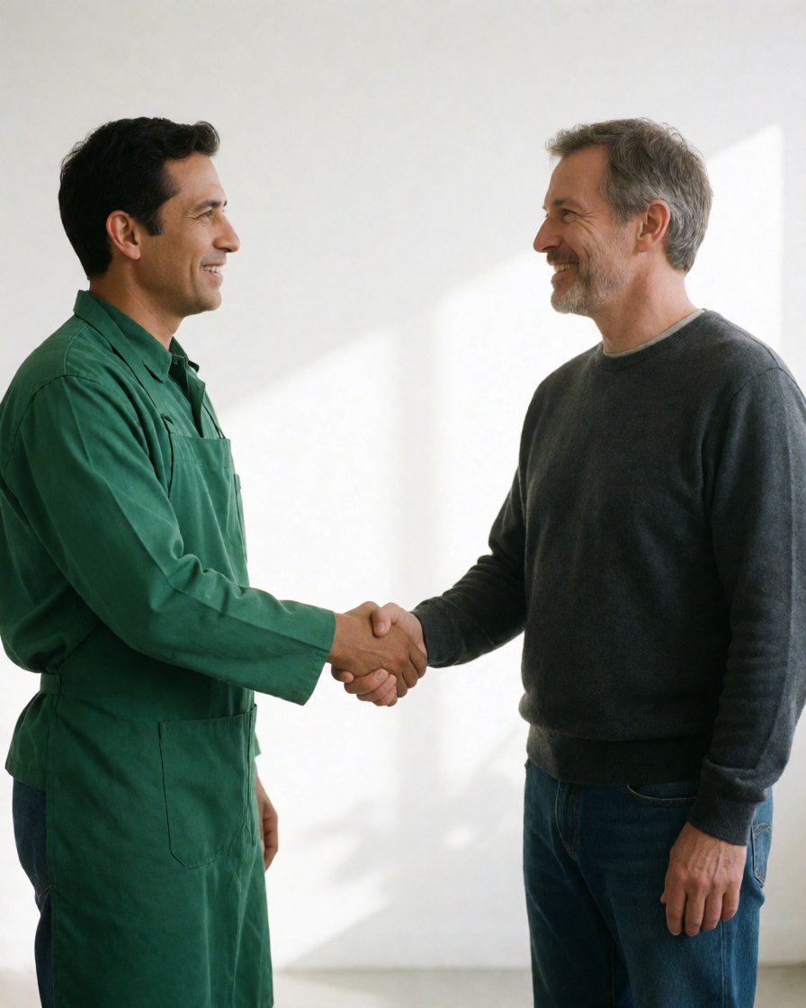 Two men shaking hands in a workshop, one in a green uniform and the other in casual clothes, smiling in a professional and friendly atmosphere.