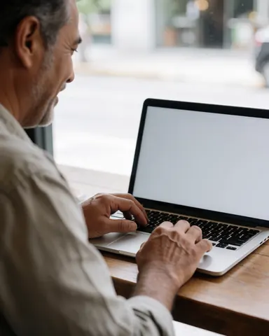 A satisfied client relaxing with a laptop and coffee at a wooden table in a bright cafe setting