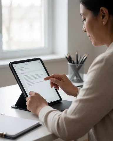 A woman works on a tablet at her home desk with natural light, papers, and pens, creating a professional remote work atmosphere.