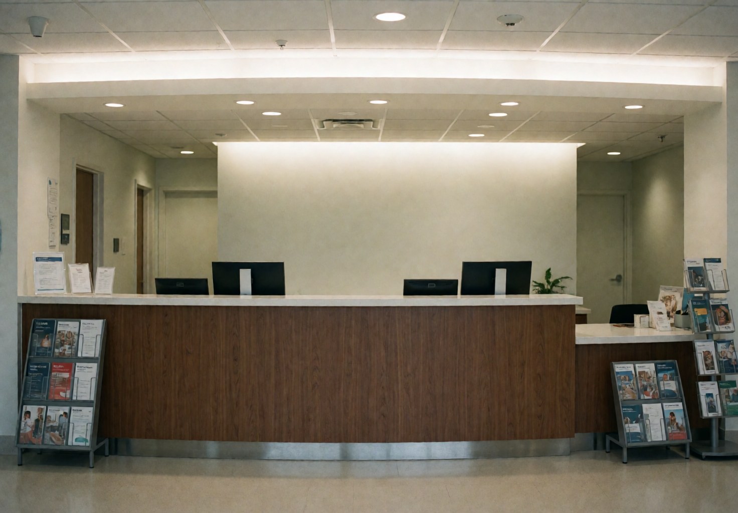 Clean medical clinic reception with wooden desk, monitors, brochures, and soft lighting. Professional and tidy interior space.