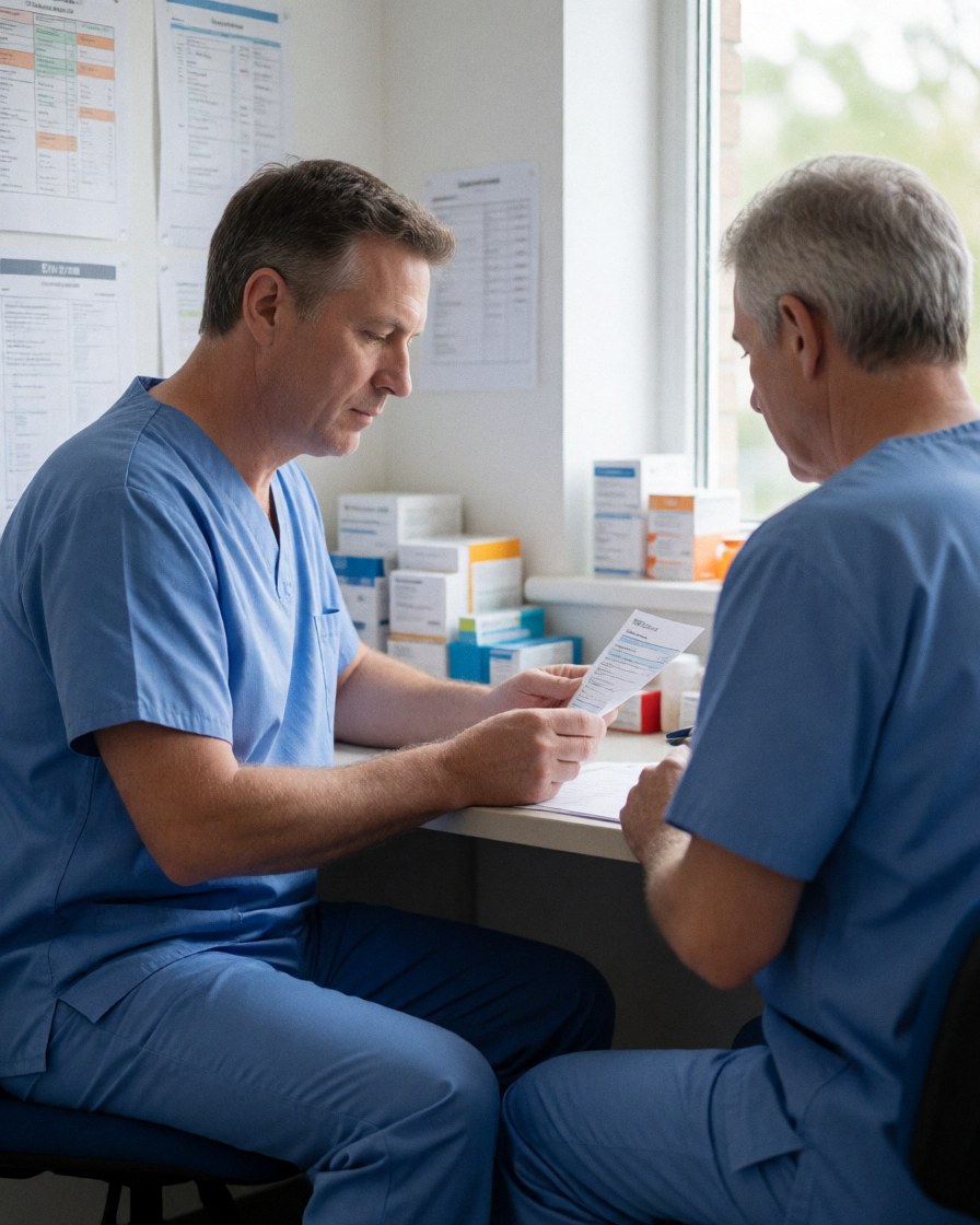 Two pharmacists reviewing a prescription in a pharmacy office with charts and medicine boxes in the background and natural light from the window
