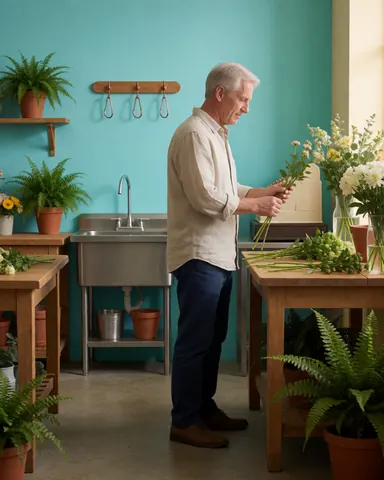 Close-up of skilled hands carefully arranging fresh flowers in a vase on a wooden surface near a turquoise wall