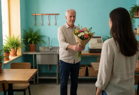 A man hands a flower bouquet to a client in a turquoise florist shop with wooden tables and plants