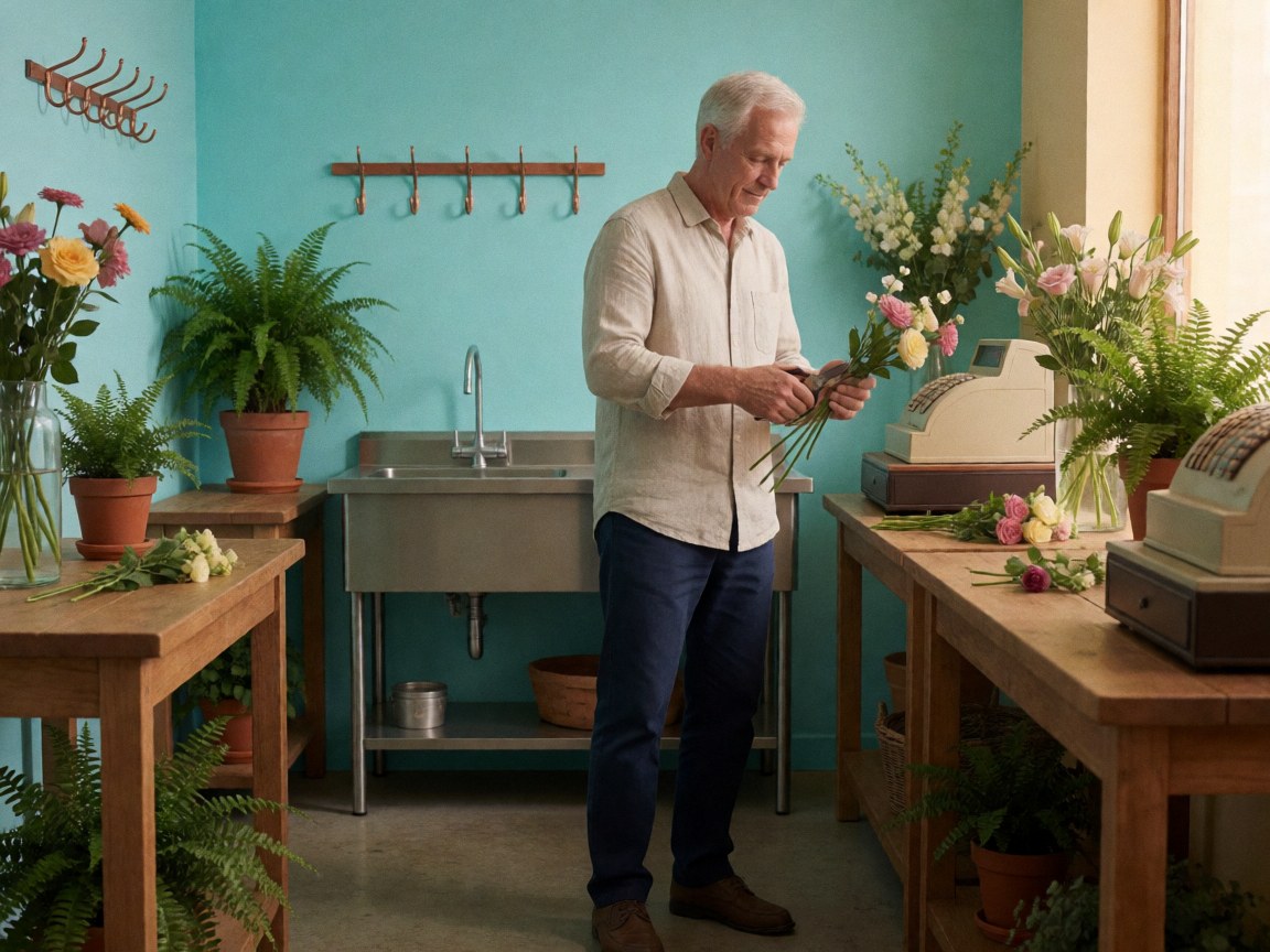 A close-up view of hands using floral shears to trim stems on a wooden table against a turquoise wall with natural light.