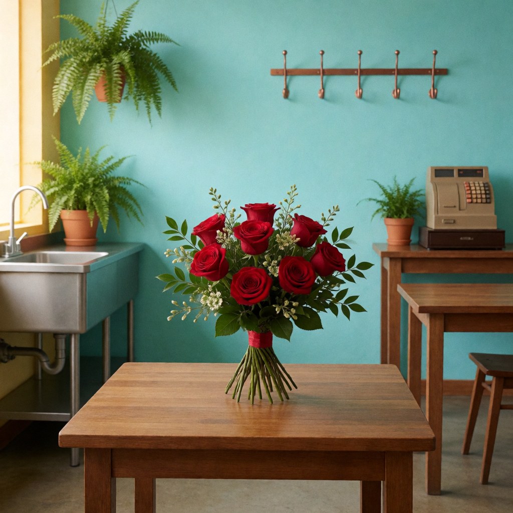 A bouquet of red roses with green leaves on a wooden table in a turquoise-walled florist shop with natural light.