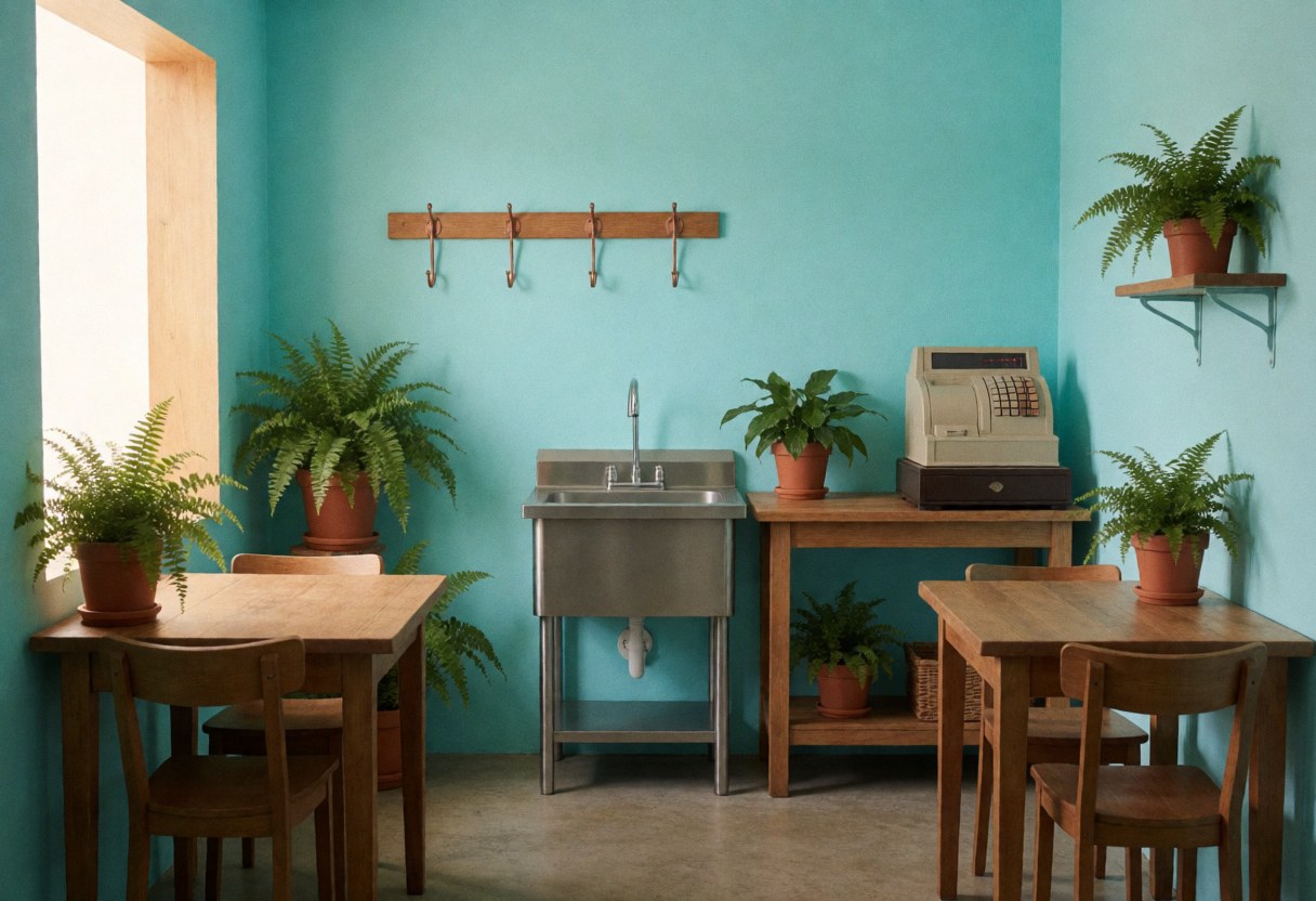 Empty turquoise florist shop interior featuring wooden tables, stainless steel sink, green ferns, and a vintage cash register illuminated by natural light.