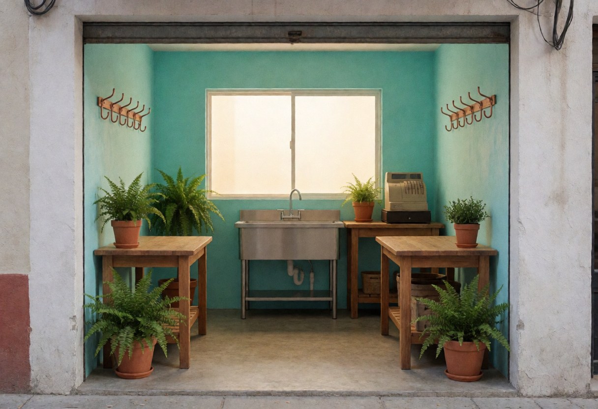 Florist storefront entrance featuring turquoise walls, wooden tables, stainless steel sink, potted green plants, and copper hooks illuminated by warm window light.