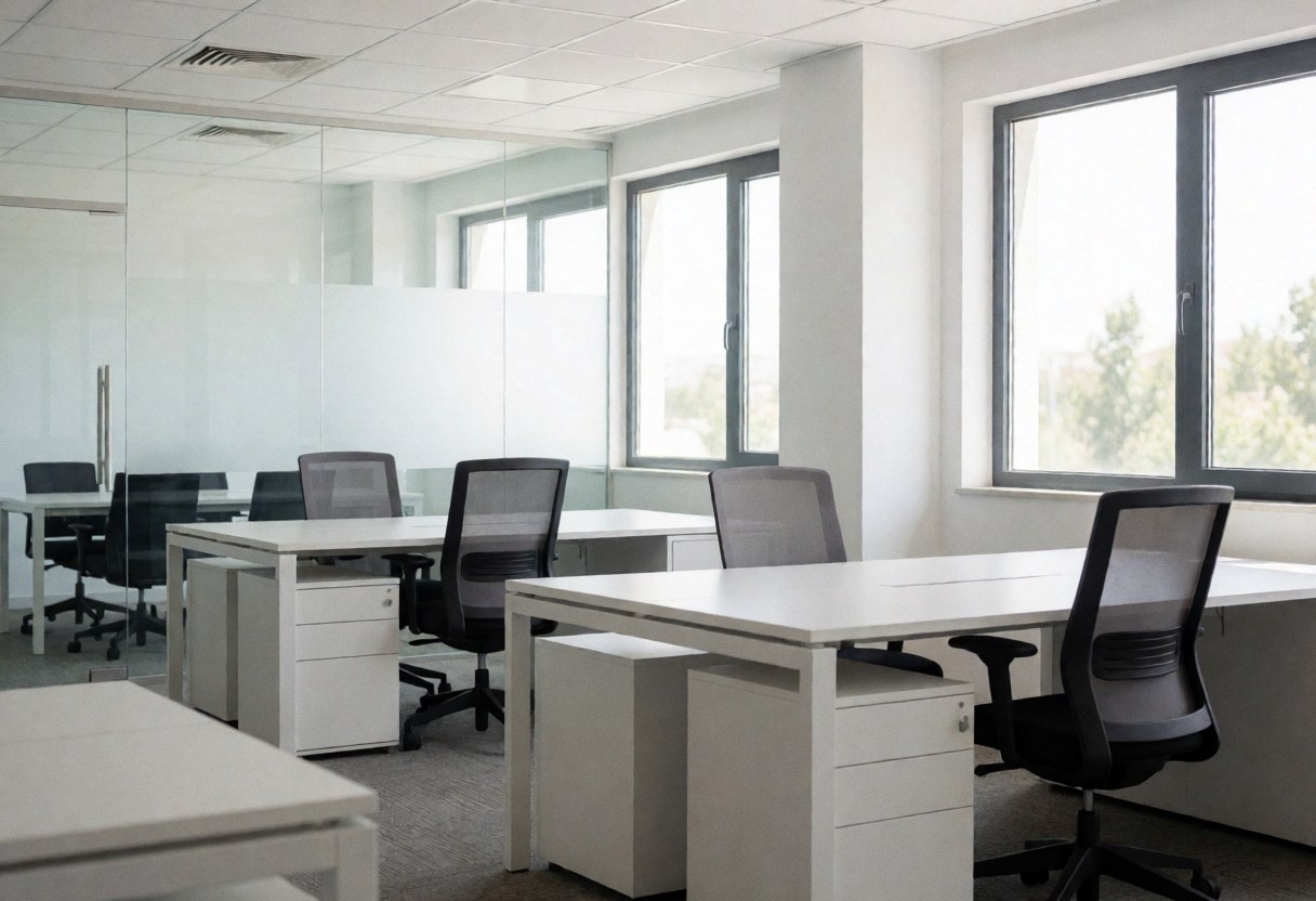 Clean modern office featuring white desks, ergonomic chairs, and large windows letting in natural light for professional business settings.
