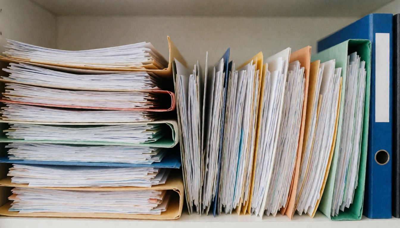 Neatly arranged colorful file folders on an office shelf, providing a clean and professional background for business text and sales content.