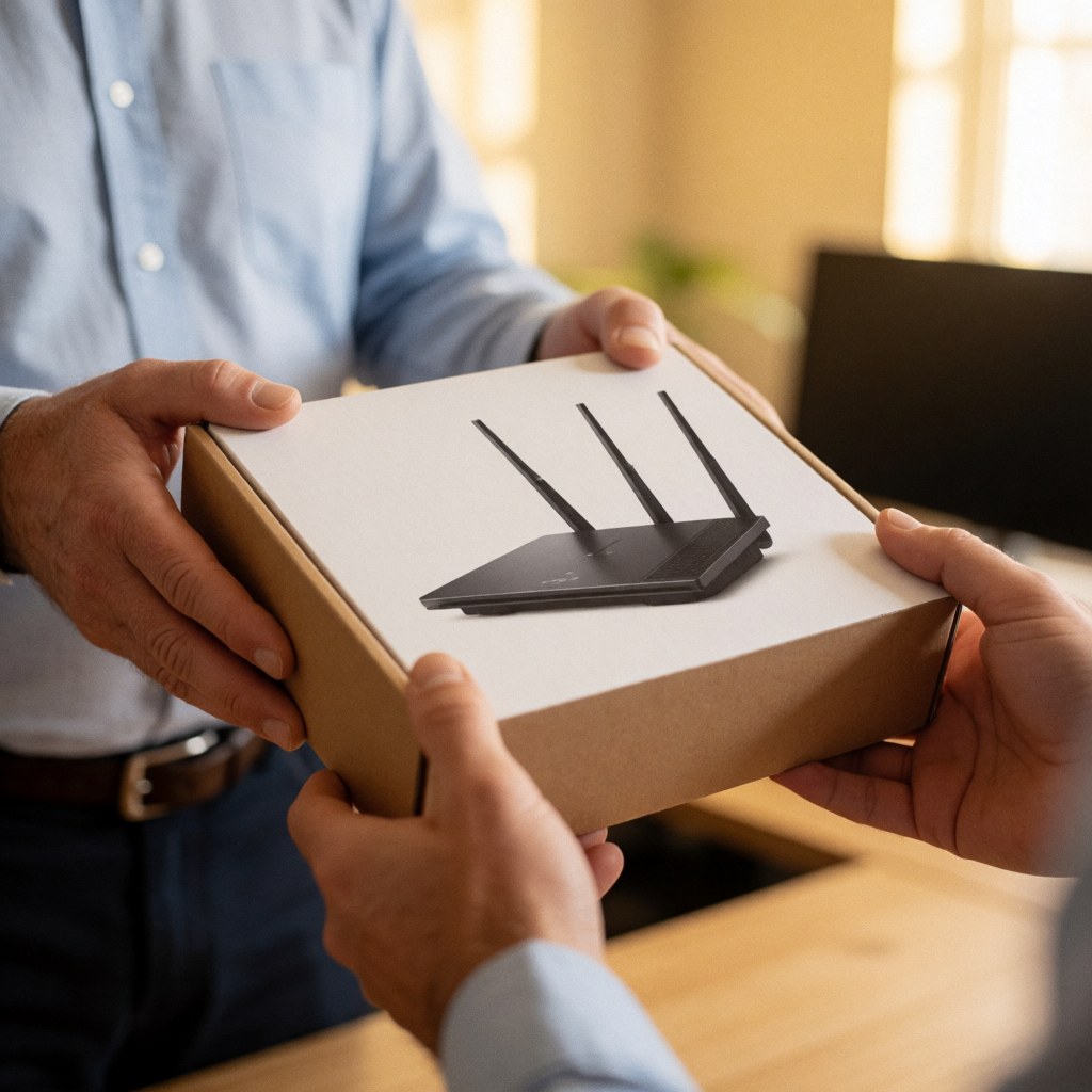 Hands exchanging a new router box in an office setting, representing IT support and technology service delivery.