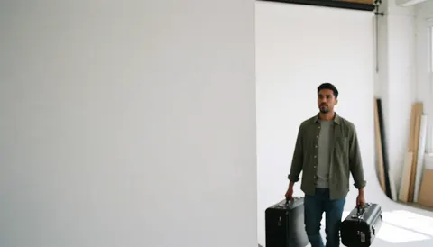 A professional photographer working in a studio with white walls, natural light, and camera equipment cases, providing space for text overlay.