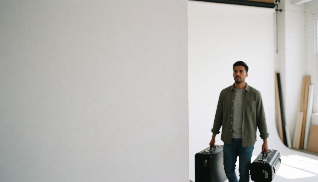 A professional photographer working in a studio with white walls, natural light, and camera equipment cases, providing space for text overlay.