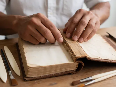 Detailed view of hands repairing the spine of an old leather-bound book using traditional bookbinding tools and materials in a bookstore setting