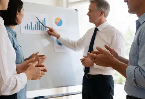 Four professionals in a sales meeting, one man points to charts on a whiteboard while three others listen attentively in a bright office