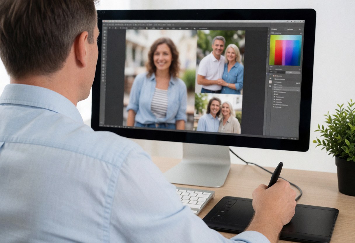A professional photographer works at a clean desk with a computer and tablet, editing client images in a bright studio with a plant nearby.