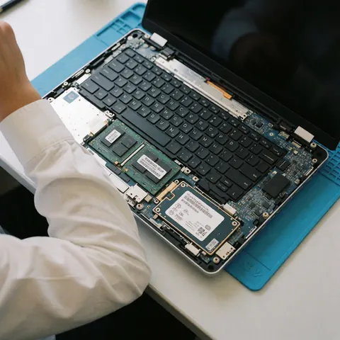 Open laptop showing installed RAM and SSD on a blue anti-static mat, with a technician's hand performing professional computer repair work.