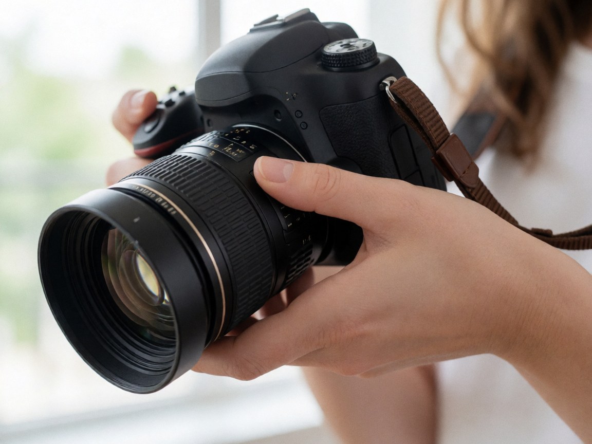Close-up of hands adjusting the focus ring on a professional DSLR camera lens with natural light and a blurred background
