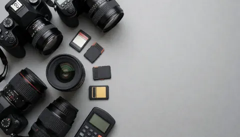 Professional photography gear including camera, lens, memory card, and light meter arranged on a surface with copy space for business use