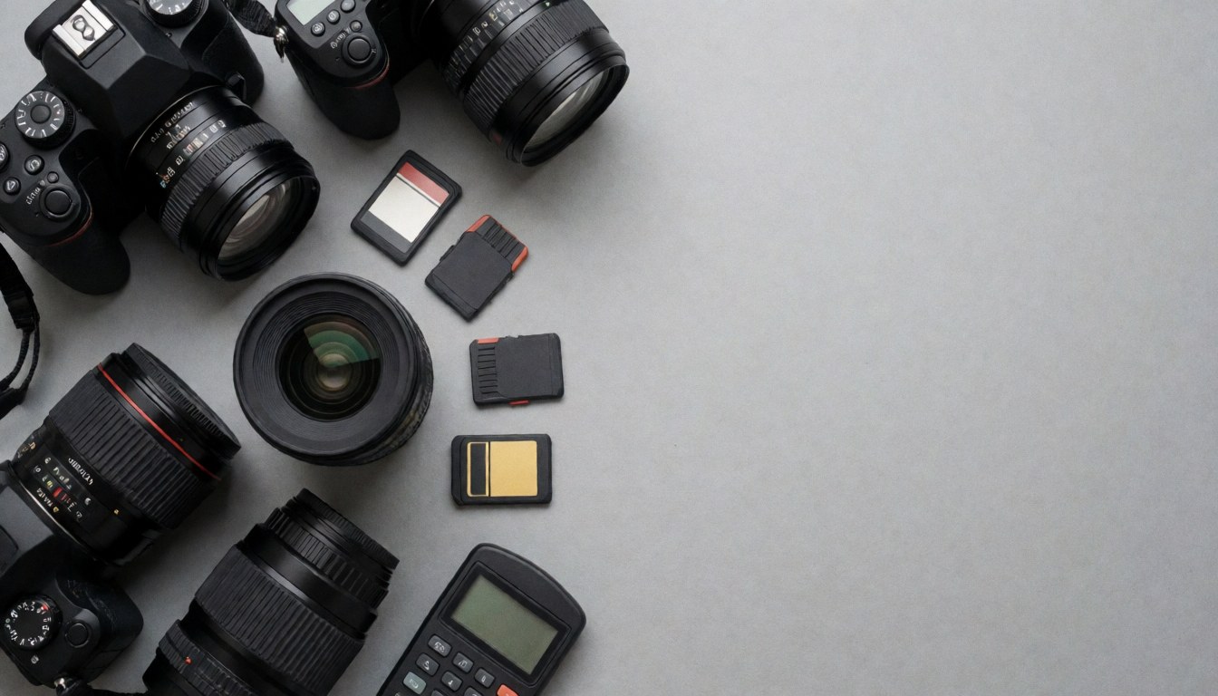 Professional photography gear including camera, lens, memory card, and light meter arranged on a surface with copy space for business use