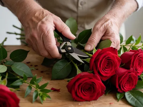 Close-up of skilled hands trimming red roses with scissors for floral arrangement