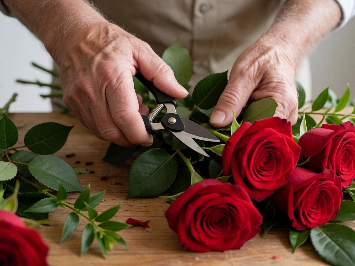 Close-up of skilled hands trimming red roses with scissors for floral arrangement