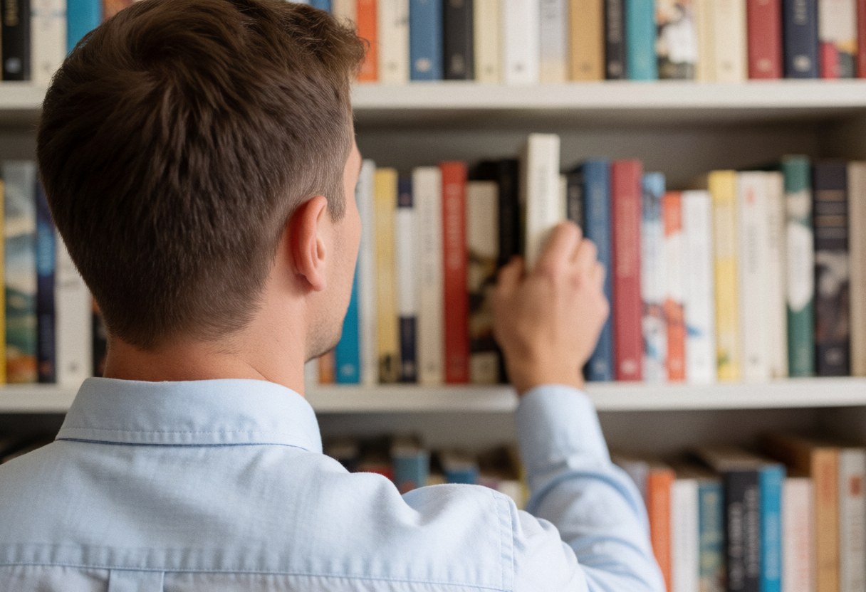 A young man viewed from behind searching for a book on a full shelf in a calm, professional bookstore with natural light