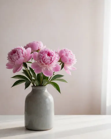 A bouquet of pink peonies arranged in a simple ceramic vase, placed on a light-colored table with natural lighting, ideal for florist product displays.