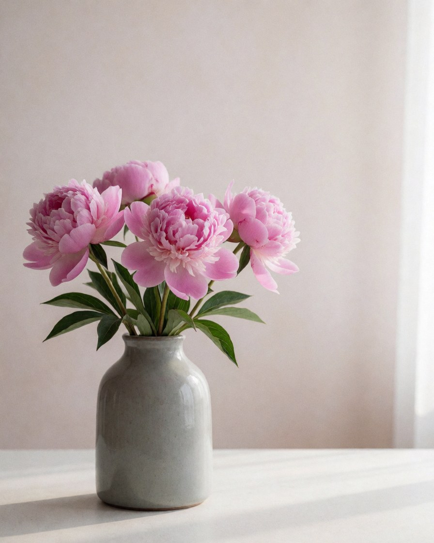 A bouquet of pink peonies arranged in a simple ceramic vase, placed on a light-colored table with natural lighting, ideal for florist product displays.