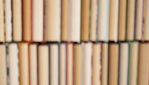 A blurred background of stacked books in various colors and genres, suitable for a bookstore website text overlay.