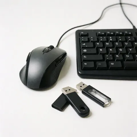 Black mouse, keyboard, and two USB drives on a clean white surface with professional lighting for IT support services.