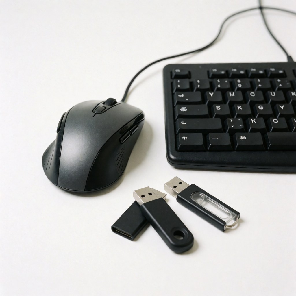 Black mouse, keyboard, and two USB drives on a clean white surface with professional lighting for IT support services.