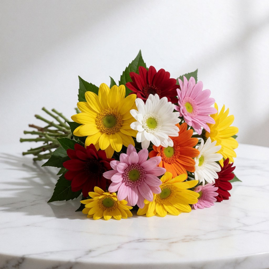 A vibrant bouquet of red, yellow, pink, white, and orange gerbera daisies arranged on a clean white marble surface for florist product display