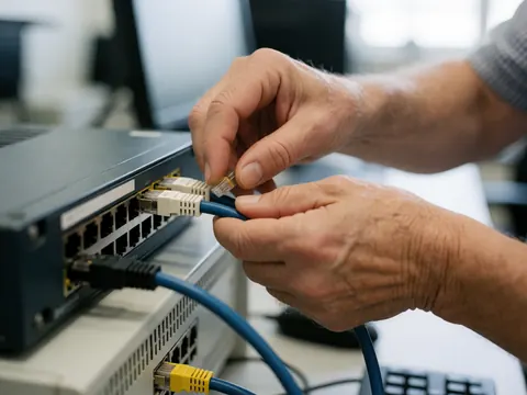 Detailed view of an ethernet cable plugged into a network switch port, highlighting the connection point and cable wiring in an office setting.