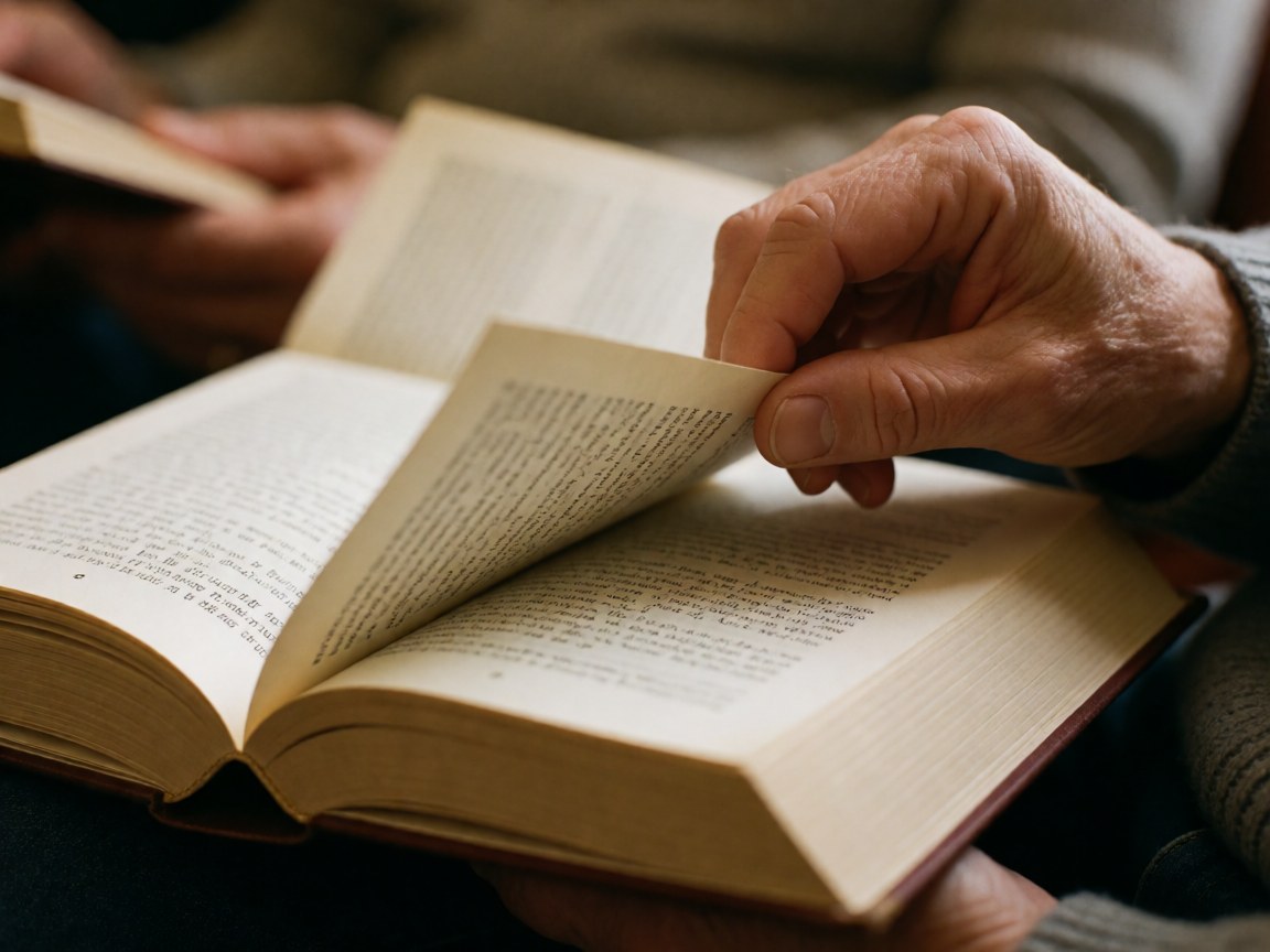 Adult hand turning a page in an open book with visible text and textured paper under warm lighting in a bookstore setting
