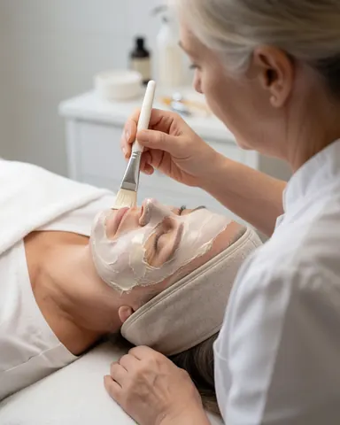 Aesthetician applying a facial mask to a client using a brush during a skincare treatment