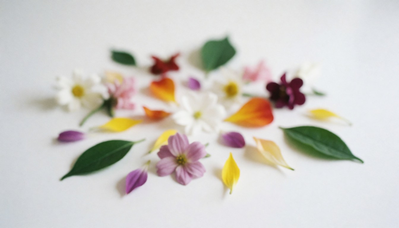 Colorful petals and leaves on a white surface, ideal for text overlay, web design, and florist advertising.