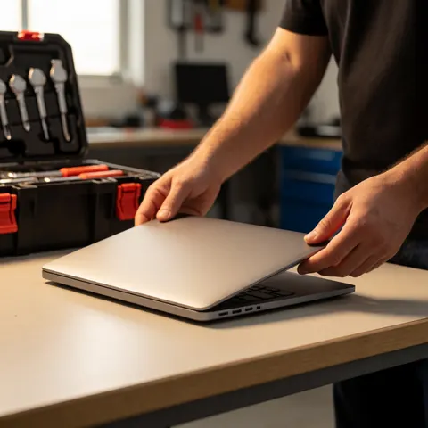 A repaired laptop sits on a wooden desk with warm lighting, tools nearby, ready for delivery as part of IT support services.