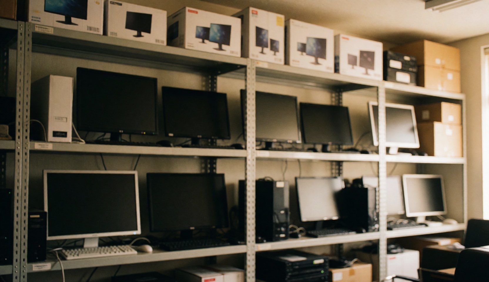 Shelves filled with computer monitors and equipment boxes serving as a blurred background for business text