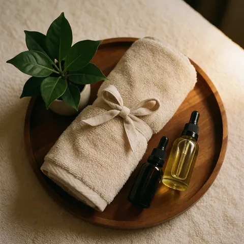 A wooden spa tray holding rolled towels, small plants, and bottles of facial oils on a beige surface