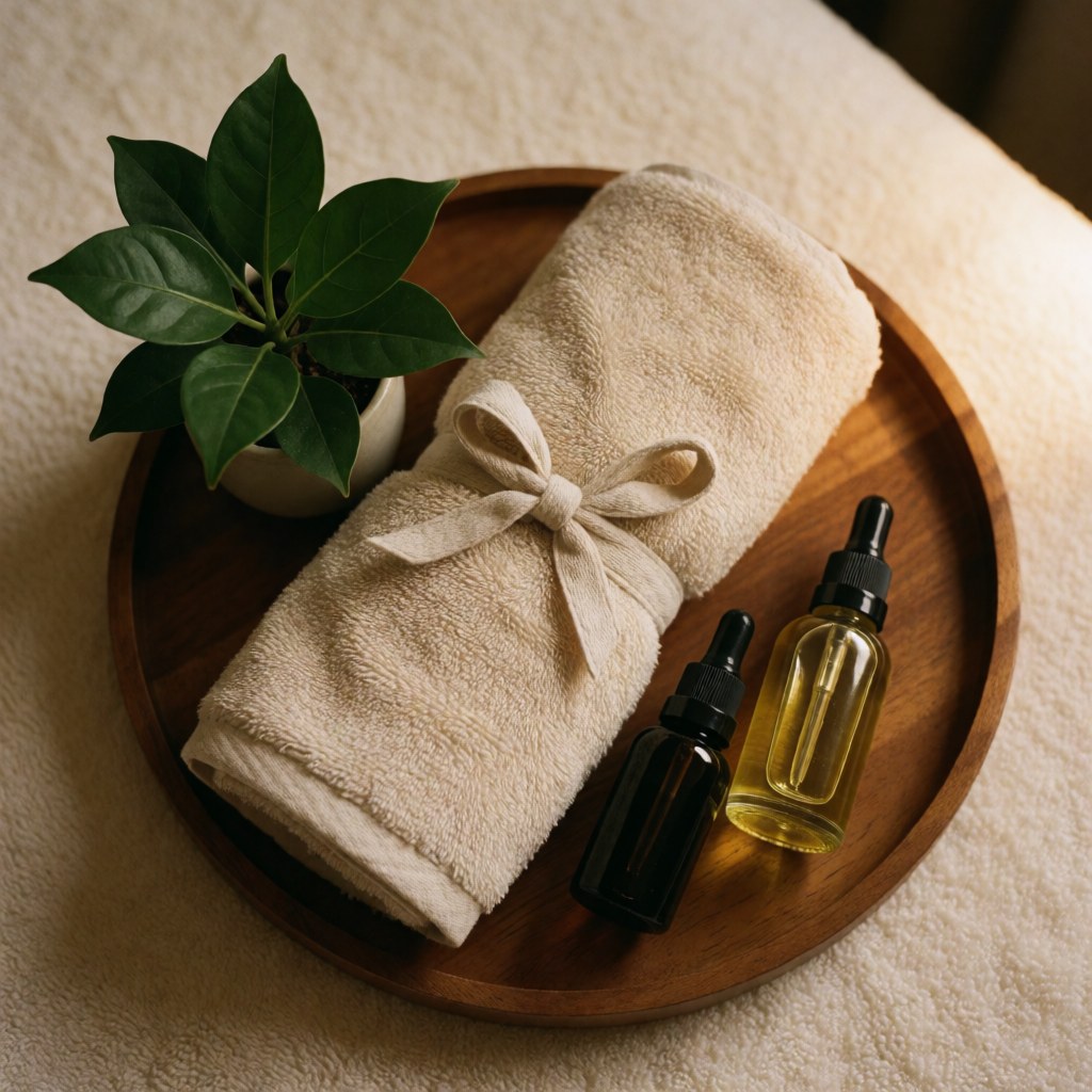 A wooden spa tray holding rolled towels, small plants, and bottles of facial oils on a beige surface