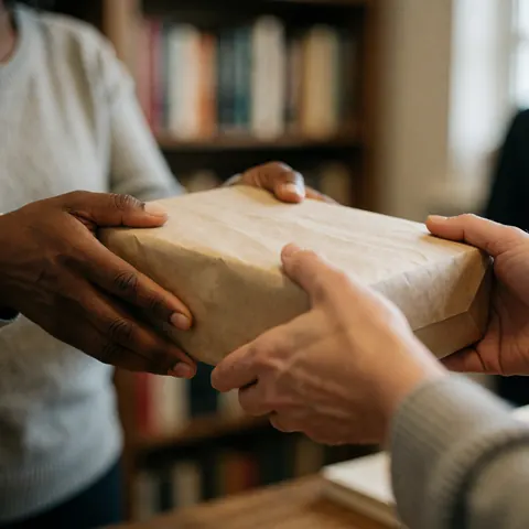 A close-up view of hands holding a brown kraft paper package containing books, set against a warm, softly lit bookstore interior with shelves in the background.